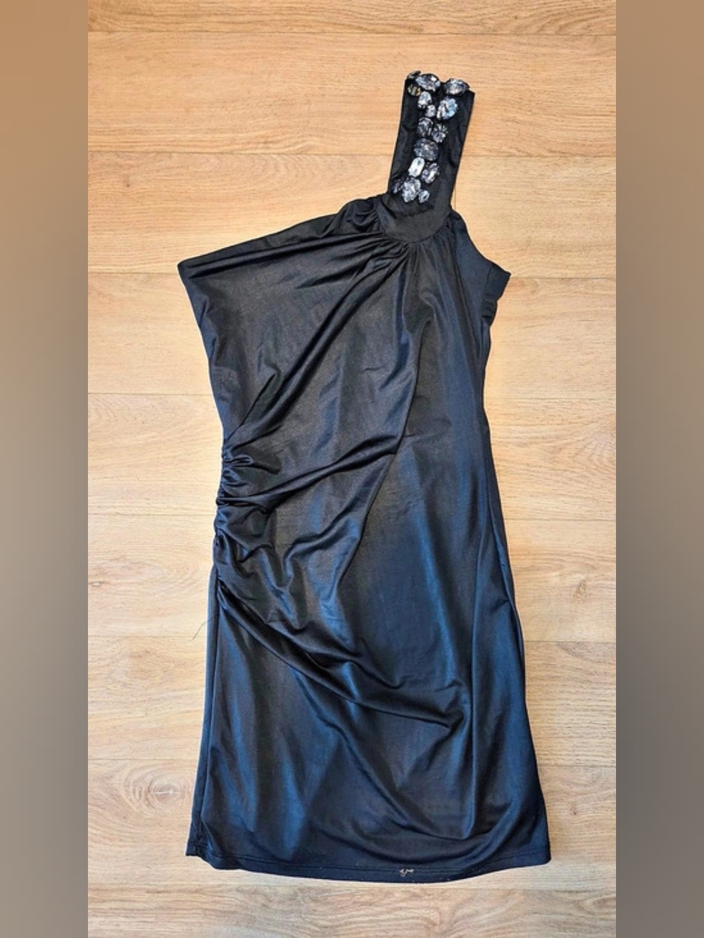 Black One-Shoulder Ruched Dress with Rhinestone Strap